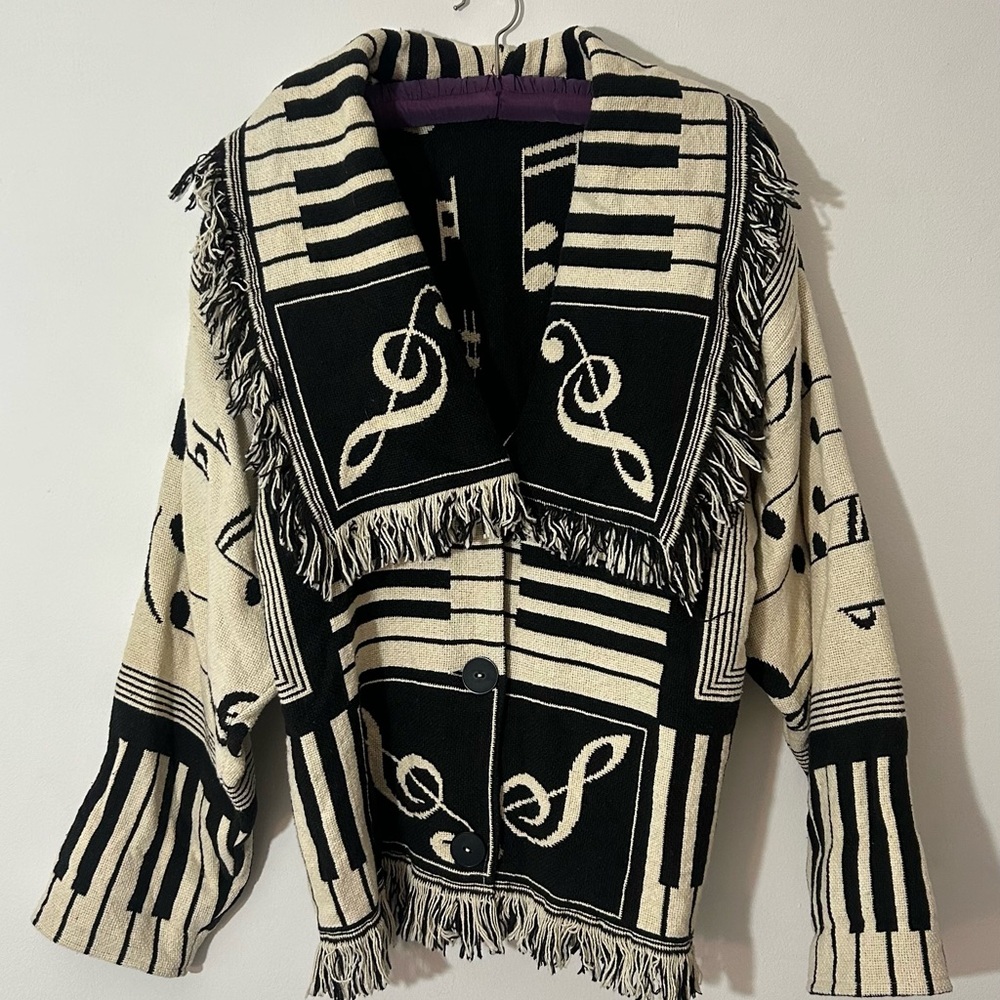 Vintage Rare Tapestry Musical Blanket Fringe Jacket Cardigan.